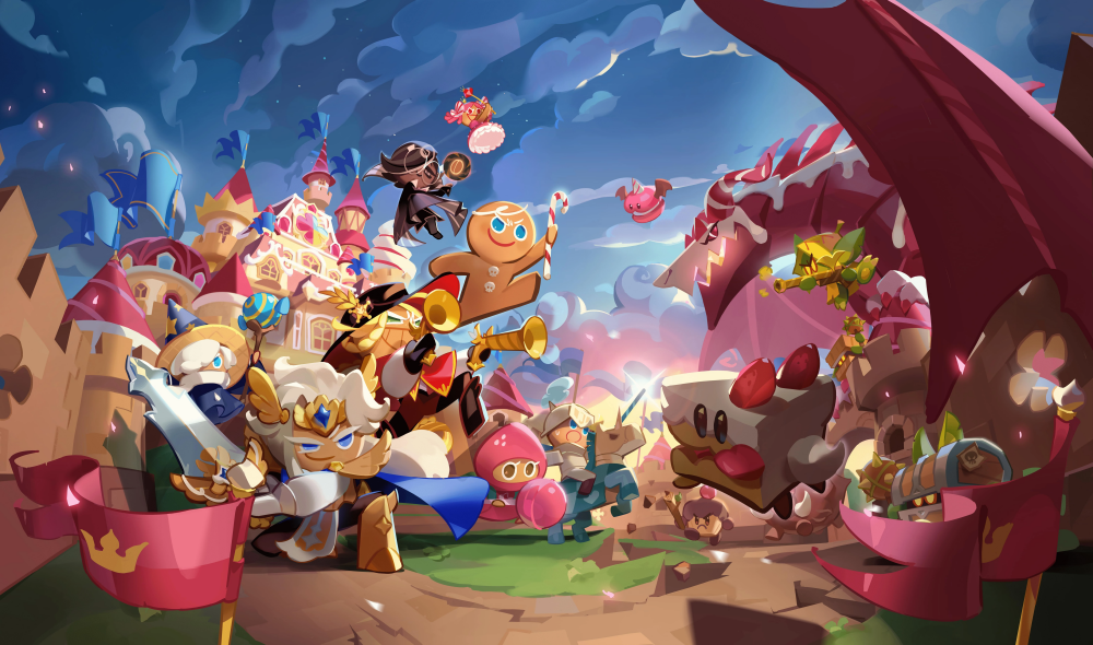 The title screen artwork from Cookie Run: Kingdom. It depicts various cookie characters fighting monsters.